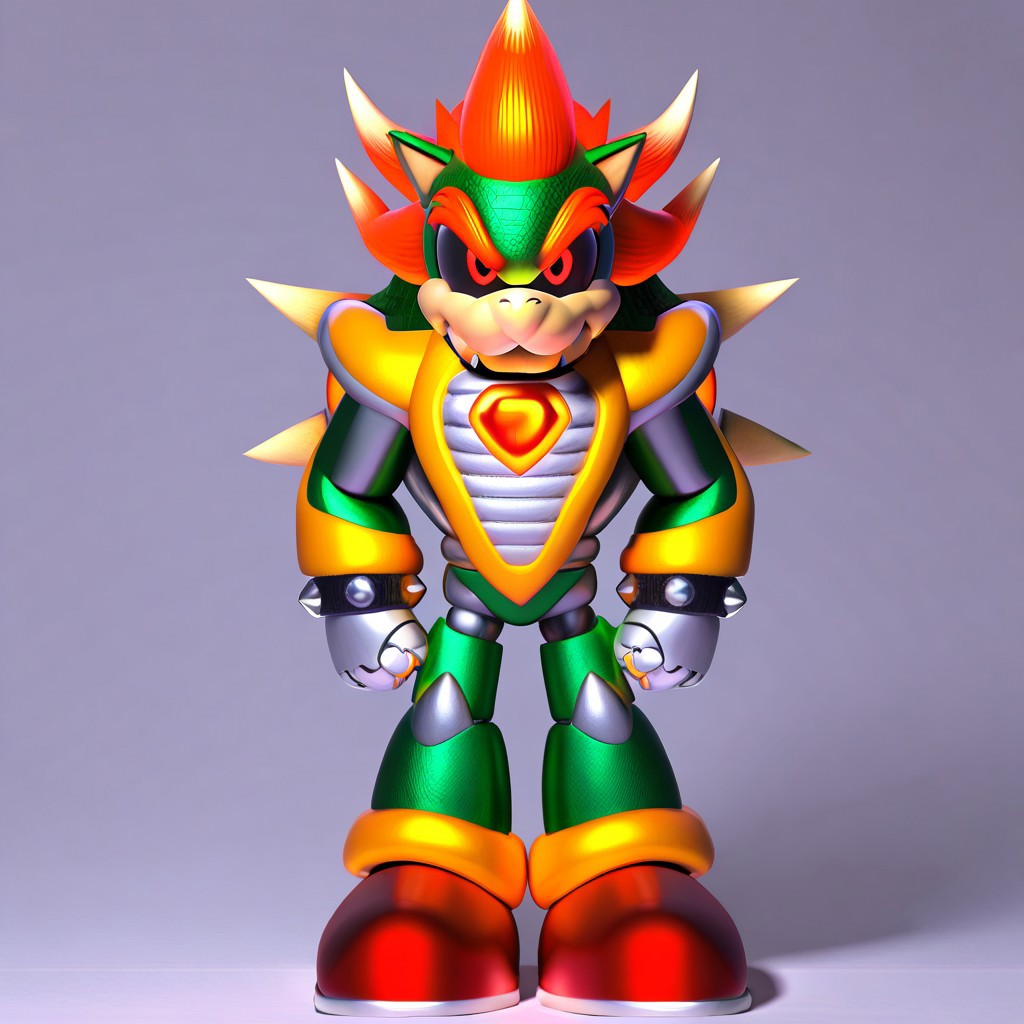 Metallix, red glowing eyes, robot, glowing red energy core, yellow metal body, green metal head, black sclera, pointy metal nose, red shoes, clenched hands, red orbs on its forearms, white details on its edges, white spikes on its head, thruster on its back, solo, Bowser, Spiked Bracelets, Spiked Collar , Spiky Shell