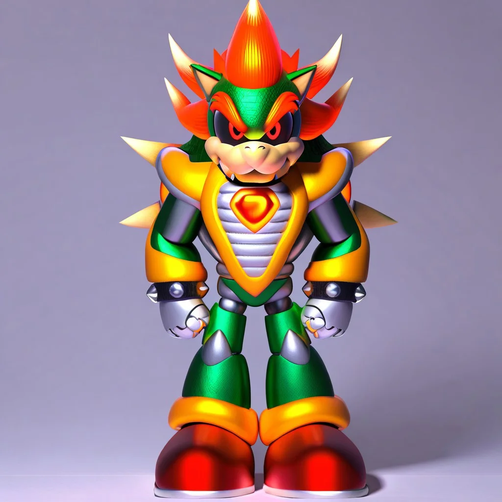 Metallix, red glowing eyes, robot, glowing red energy core, yellow metal body, green metal head, black sclera, pointy metal nose, red shoes, clenched hands, red orbs on its forearms, white details on its edges, white spikes on its head, thruster on its back, solo, Bowser, Spiked Bracelets, Spiked Collar , Spiky Shell