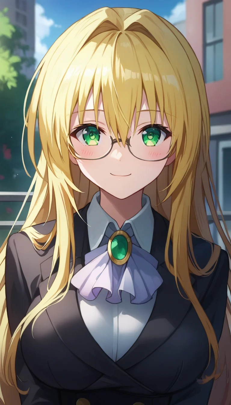 score_9,score_8_up,score_7_up,score_6_up BREAK official art,solo,outdoors,upper body,(portrait:1.5),looking at viewer,facing viewer,smile,blush,Tearju Lunatique,very long hair,blonde hair,hair intakes,sidelocks,hair between eyes,bangs,green eyes,glasses,black jacket,wing collar,jewelry,green brooch,white ascot,collared shirt,white shirt,long sleeves,large breasts,pencil skirt,black skirt,brown pantyhose,high heels,black footwear,<lora:Tearju Lunatique(tlr)-Pony:1.5>,