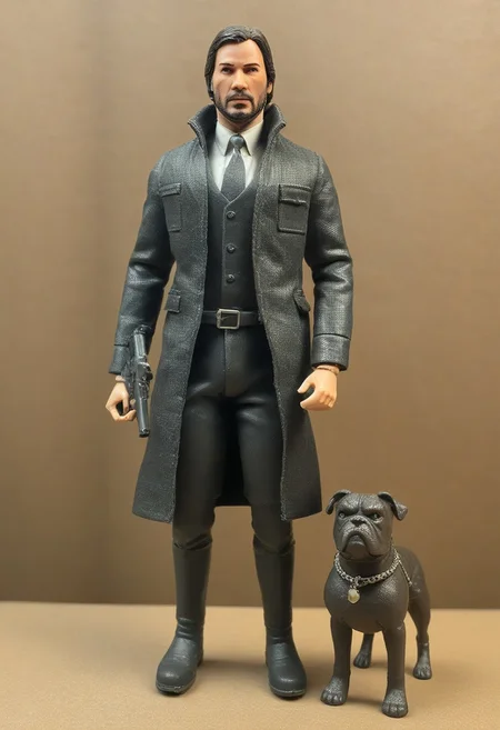 1987 Action Figure Playset Packaging of John Wick. The John Wick Action Figure is packaged with companion bulldog and accessory pistol.