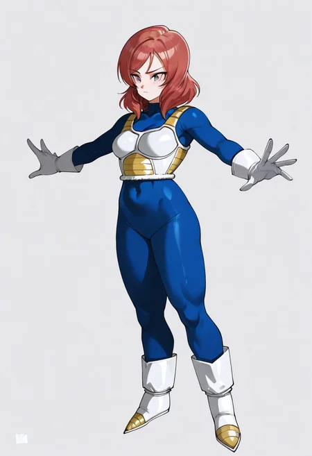 nishikino maki, vegeta, 1girl, blue bodysuit, bodysuit, boots, breasts, closed mouth, cosplay, covered navel, full body, gloves, grey background, medium breasts, outstretched arms, purple eyes, red hair, saiyan armor, simple background, skin tight, vegeta \(cosplay\), white boots, white gloves, <lora:KAKERUs_Style:1>, KAKDS, masterpiece, best quality