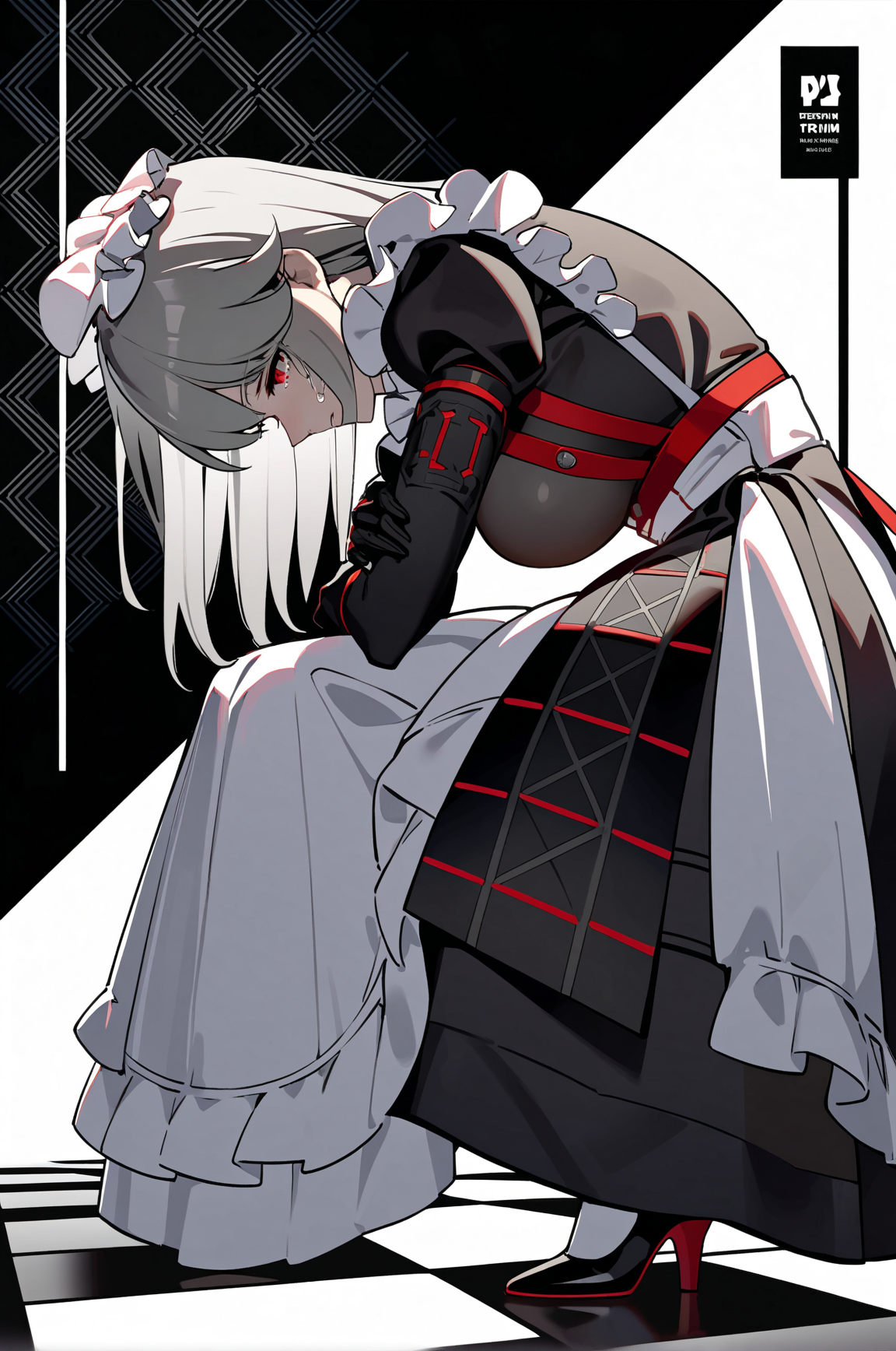 1girl, full body, best quality, high detail, 
<lora:rina-A3-Tanger-000014:0.7>, rina, rina's def clothes, long dress, 1girl, red eyes, maid, grey hair, maid headdress, straight large breasts, apron, 
She crossed her arms over her chest and looked down to one side, head_down, crying, crying, tears streaming down my face, tears, sadness, 
dynamic pose, extreme aesthetics, art photography, film lens, film light and shadow, 
simple_black_background, black and white theme, Sense of coordination, sense of order, mathematics beauty, (cover design), (cover art), ((trim)), album_art, official art, (Master's work), 
chessboard, chess, white geometry, black geometry, reflection, crystal_art, pattern_design, creative, Mystery pattern, black crystal decorate, black crystal, (architectural art), ((geometric art)), pattern design, creative, 
------, 
Low saturation, grand masterpiece, Perfect composition, film light, light art,
