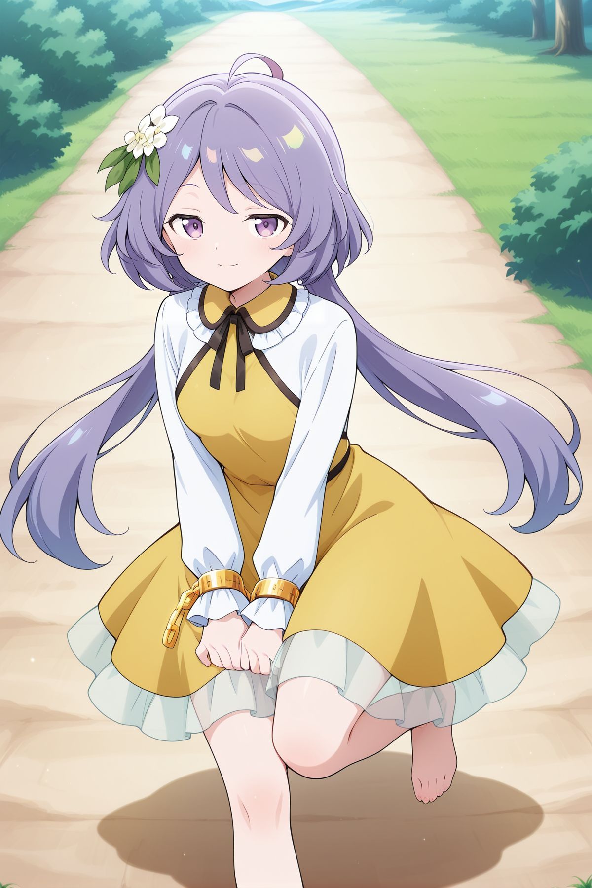 absurdres, highres, masterpiece, best quality, amazing quality, official anime artwork, screencap, anime screencap, outdoors, looking at viewer, dynamic pose, light smile,   
<lora:Tsukumo-Benben_Illustrious:1> tsukumo benben, 1girl, solo, purple eyes, purple hair, long hair, twintails, ahoge,, hair flower, white flower, yellow dress, frilled dress, long sleeves, barefoot, chain,