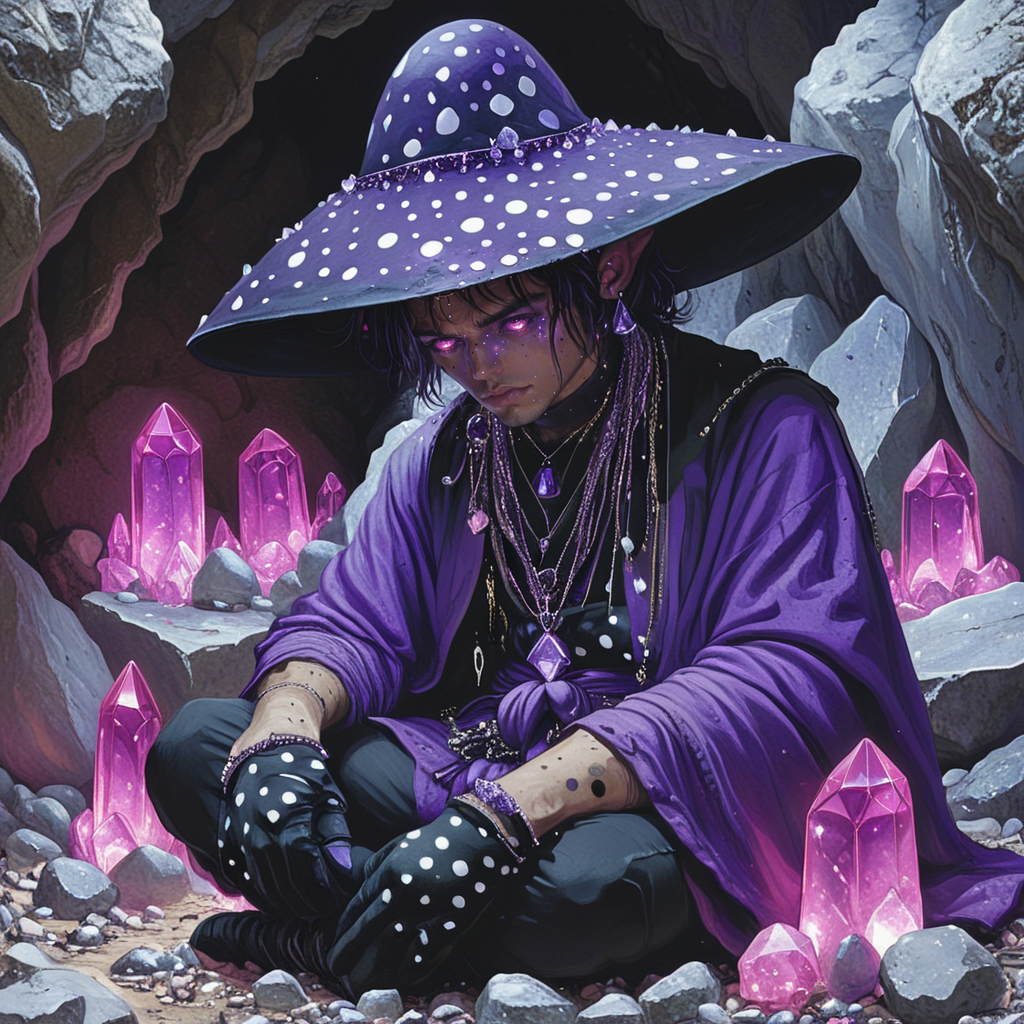 <lora:Hyperdetailed_IllustrationSDXL:1> ArsMJStyle, HyperDetailed Illustration, The image shows a person sitting in a cave-like environment with rocks and crystals scattered around them. The person is wearing a large black hat with white polka dots and a purple robe with gold chains and pendants. They have dark hair and are wearing black gloves. They are sitting on the ground with their legs crossed and their hands resting on their knees. In front of them there are several pink crystal points that are lit up with pink lights. The overall mood of the image is mystical and mystical., hat, solo, 1boy, male focus, jewelry, sitting, glowing, rock, red eyes, necklace