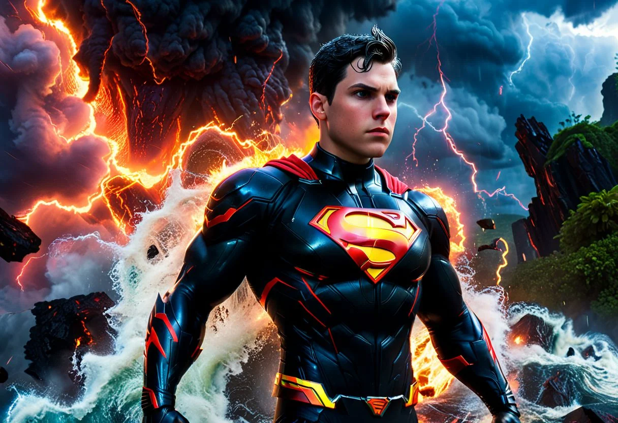 very high quality, very high detail, masterpiece, hyperdetailed, hyper-realistic, photorealism, cinematic lightning, 12k, cyberpunk, Modern disney, modern Pixar, superboy, Cybernetic superboy Suit, black suit, red superman logo, Cyborg Limbs, flying molten lava and water, jungle, surrounded by thunderstorms, lightning and fire, jungle on fire, tsunami and tornado in background, no cape fisheye view, close-up view
