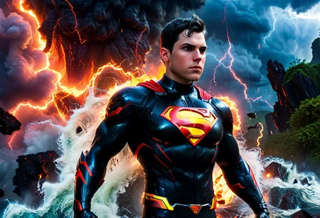 very high quality, very high detail, masterpiece, hyperdetailed, hyper-realistic, photorealism, cinematic lightning, 12k, cyberpunk, Modern disney, modern Pixar, superboy, Cybernetic superboy Suit, black suit, red superman logo, Cyborg Limbs, flying molten lava and water, jungle, surrounded by thunderstorms, lightning and fire, jungle on fire, tsunami and tornado in background, no cape fisheye view, close-up view