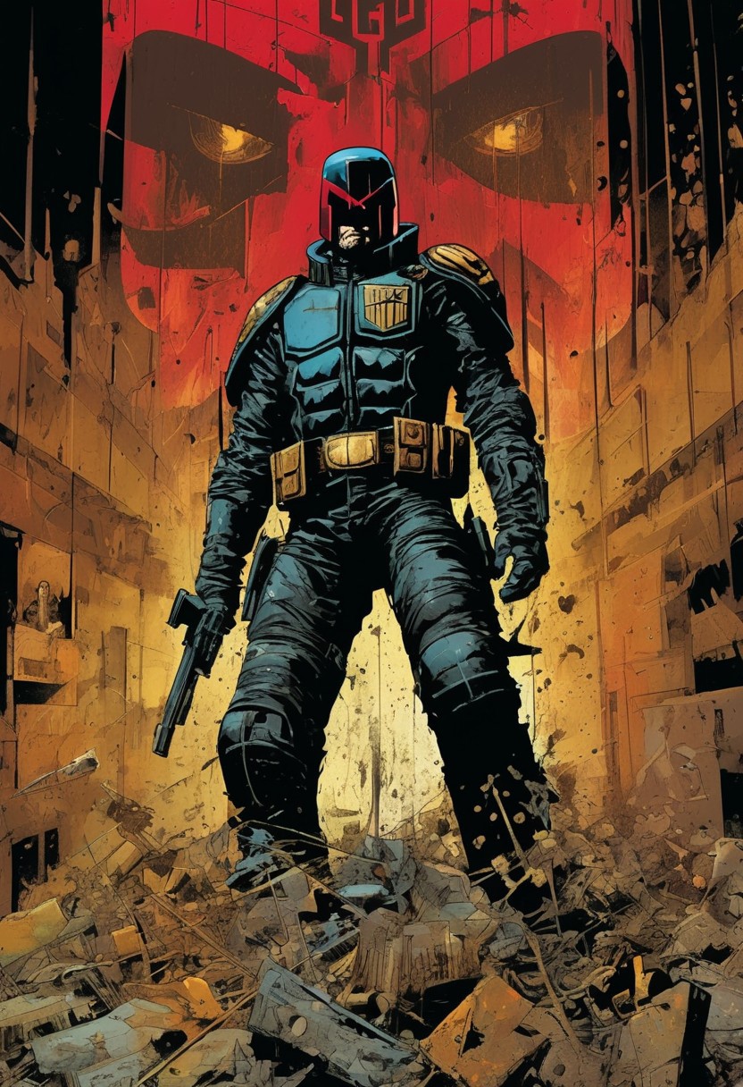 score_9, source_Poster, (Part 1 above, Part 2 below)Tortured by SIMON BISLEY, art station, full color. (Judge Dredd),vector