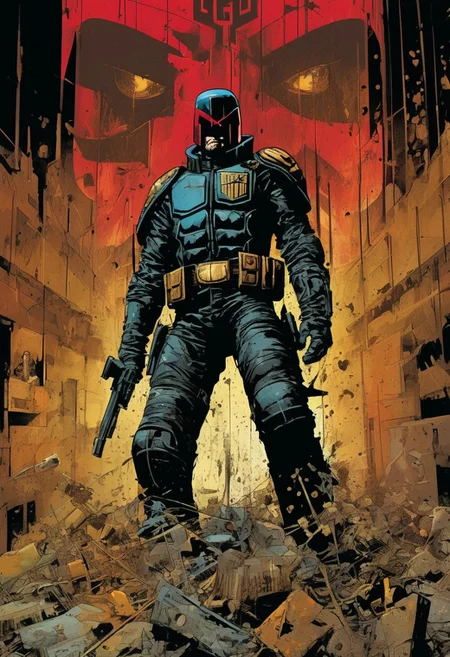 score_9, source_Poster, (Part 1 above, Part 2 below)Tortured by SIMON BISLEY, art station, full color. (Judge Dredd),vector