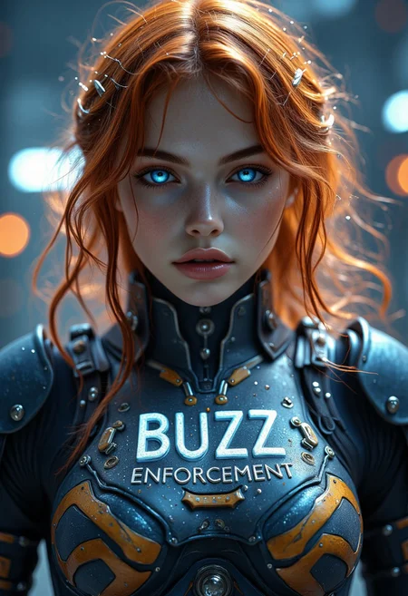 A close up cinematic shot of a female cyborg, full pouty lips, shoulder length RED HAIR, ethereal glittery makeup, highly detailed blue eyes glow slightly , wearing battle damaged and worn space marine battle chest breastplate:0.9, looking at the viewer, the word “BUZZ ENFORCEMENT” is written on the chest-plate in glowing letters, extreme quality, best details, hkstyle, futuristic dark and Forbidding spaceship interior in background, bokeh,