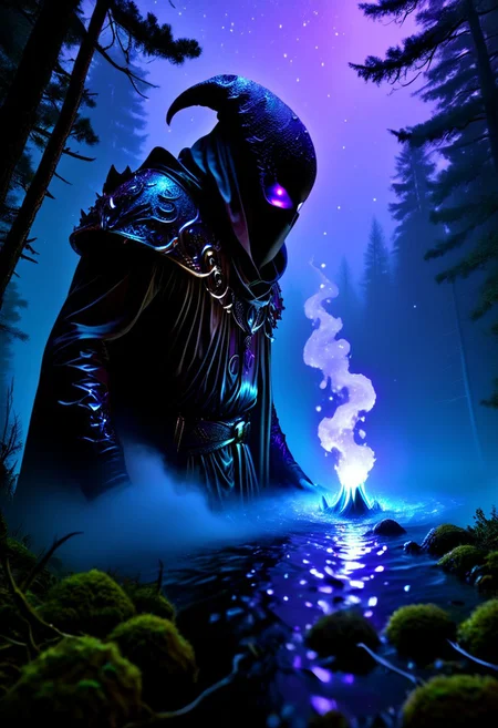 ((8k UHD very sharp and detailed photo of landscape:1.3)), Macro detailed realism style photograph, ((1monster, The robe’s hood is large and casts a shadow over most of the face, but glowing violet eyes are visible through the darkness. The entity wears a mask crafted from multicolored shimmering Crystal, Mask, with a smooth surface and two simple eye holes glowing faintly in purple. The entity exudes an aura of mystery and power, with an ethereal and dream-like appearance. The edges of the cloak seem to dissolve into a misty, cosmic energy, and faint, glowing symbols swirl around its form like drifting constellations)), demonic creature, cinematic light, deep shadows, night, dark, low light, epicly detailed scenery, aesthetic medieval settlement, ((strange creatures are walking around:1)), calm waters of lake, mushroomz, pine trees, wooden bridges, poor hats, starry sky, moon, ((forest of detailed gigant glowing shrooms:1.3)), big mushrooms, ((magneta and green rays)), unreal world photo, ((very eerie atmosphere)), ((vivid colors||high contrast||volumetric light:1.2)),
BREAK
(((extremely detailed sharp photo:1.4))),(((masterpiece,best quality,ultra_detailed,highres,absurdres:1.2))),
<lora:neg4all_bdsqlsz_xl_V9:2>,
embedding:SDXL_POS,