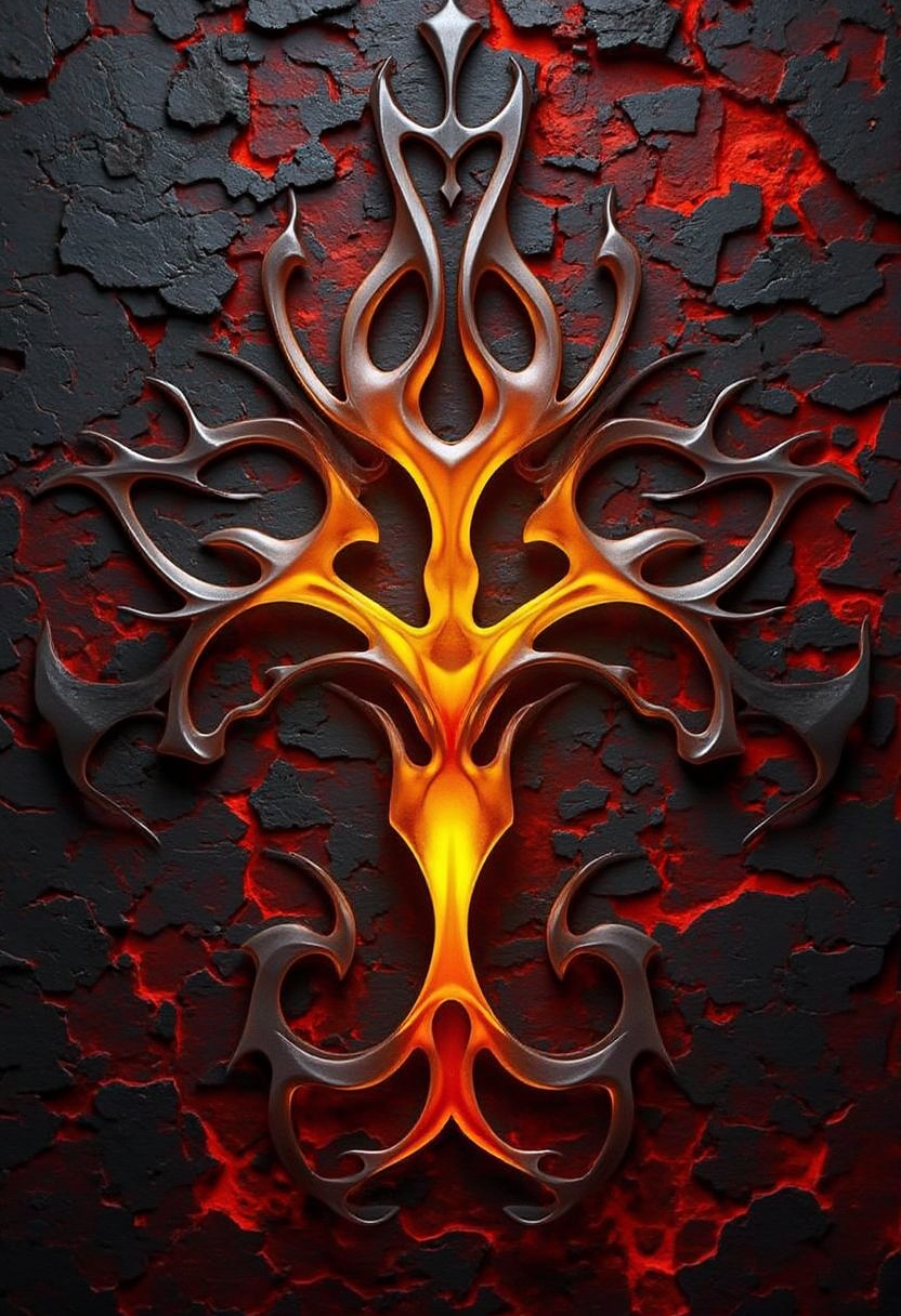 intricate yfg-patt3rn of, Image background. Bold and fiery with a subtle gradient effect that shifts from orange to yellow, giving it a flaming appearance, set against a dark, gothic background with deep, rich red and black tones that evoke a sense of mystery and intensity, with subtle, mysterious textures and shadows adding depth and dimensionality, creating a hauntingly beautiful visual representation of the brand's identity.