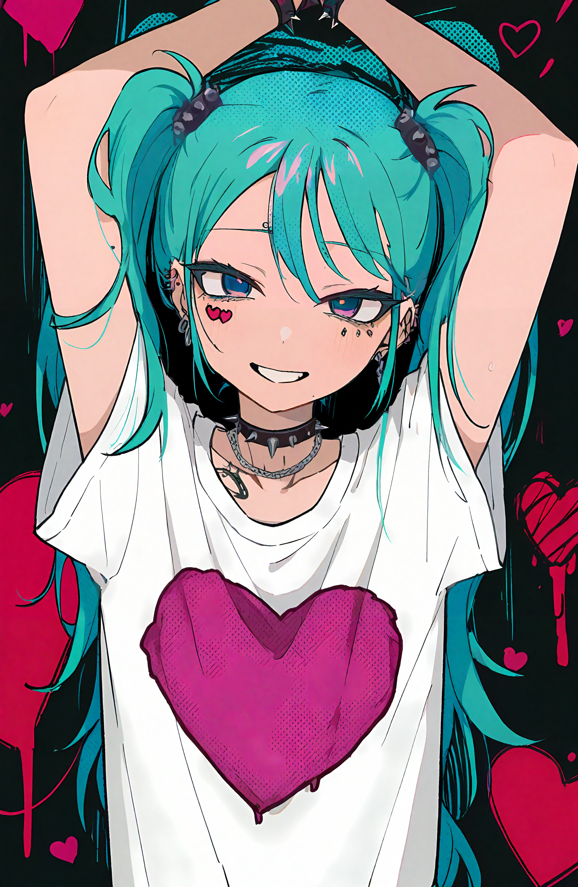 hatsune_miku, 1girl, solo, long_hair, looking_at_viewer, smile, blue_eyes, shirt, jewelry, twintails, white_shirt, upper_body, short_sleeves, heart, choker, grin, collar, arms_up, aqua_hair, piercing, spikes, spiked_collar