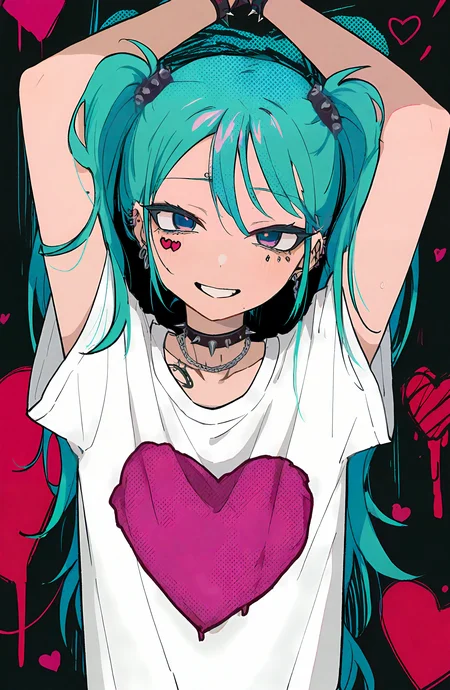hatsune_miku, 1girl, solo, long_hair, looking_at_viewer, smile, blue_eyes, shirt, jewelry, twintails, white_shirt, upper_body, short_sleeves, heart, choker, grin, collar, arms_up, aqua_hair, piercing, spikes, spiked_collar