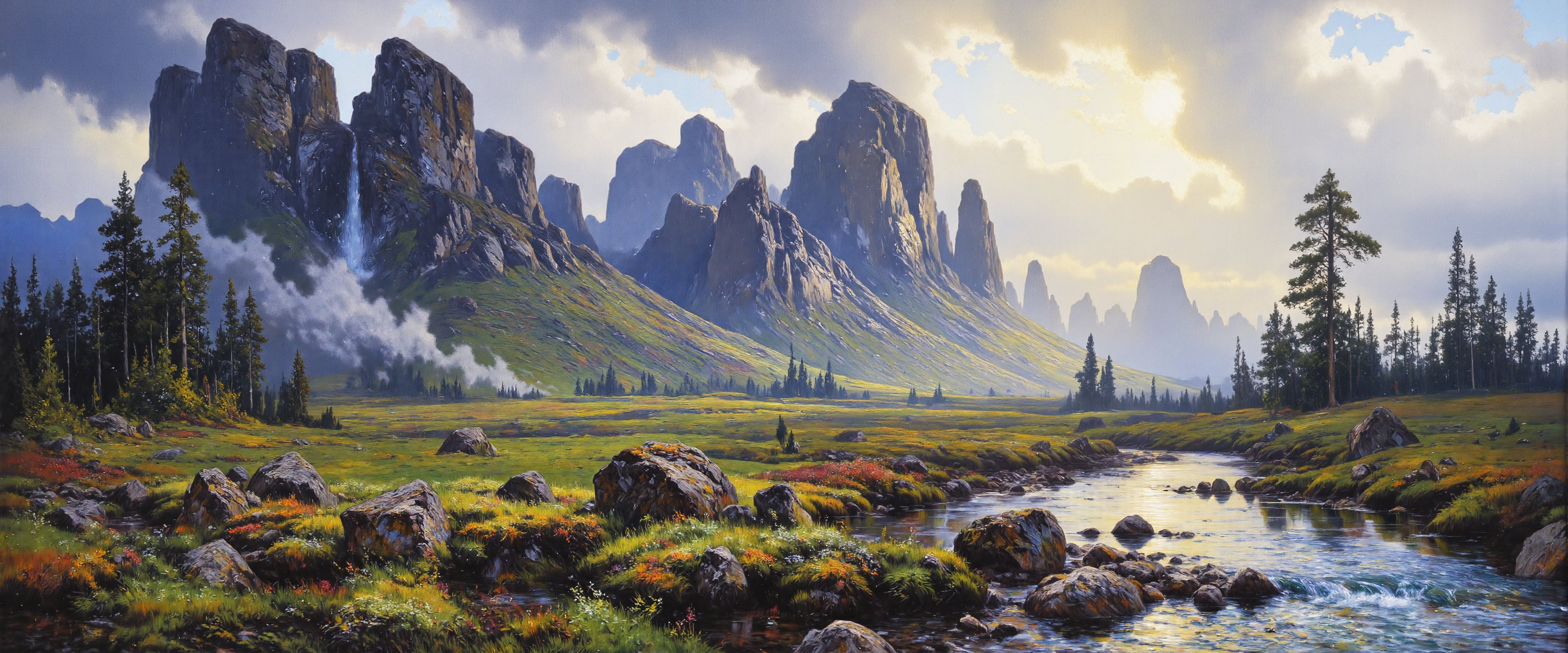impressionism, masterwork ethereal landscape painting, oil on canvas, traditional media, icelandic highlands after the rain, a vast expanse of moss-covered volcanic plains stretches toward jagged, black mountains in the distance, streaks of mist hover low over the ground, with silvery glacial rivers meandering through the terrain, the atmosphere is raw and otherworldly, the scene feels untouched by time, evoking a sense of ancient power and natural beauty, in the foreground, patches of vibrant green moss cling to dark volcanic rock, with shallow pools of rainwater reflecting the sky, the winding rivers shimmer with a pale, icy hue, snaking between black and emerald tones, the background features ominous, craggy mountains partially obscured by shifting veils of mist, their sharp silhouettes cutting into the sky, the sky is heavy with remnants of storm clouds, hints of sunlight pierce through gaps in the dark masses, casting a diffused, ethereal glow upon the landscape, a faint rainbow arcs subtly over the horizon, the air feels crisp and damp, the perspective is wide and expansive, a slightly elevated view capturing the grandeur of the highlands, emphasizing the scale and vastness of the untamed wilderness, the lighting is atmospheric and moody, the interplay of light and shadow accentuating the texture of the moss and the ruggedness of the volcanic terrain, soft beams of light breaking through clouds highlight patches of the landscape, enhancing the dreamlike quality, painted in hyper-detailed impressionism, with expressive brushstrokes and rich textures, the colors are dominated by cool tones, deep greens, slate grays, and muted blues, subtle accents of warm sunlight break through, adding contrast and life to the composition, arsmjstyle, aidmaimageupgrader, <lora:style-impressionism-flux-by_arsmachina:1.1> <lora:style-amazing_scenery-v3-flux-by_marielle:0.68> <lora:image_upgrader-v0.3-flux-by_aidma:0.4>