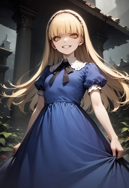 score_9, score_8_up, score_7_up, source_anime, best quality, masterpiece,
human, female, solo, mouth closed, evil grin, outdoor, evil, creepy, horror,
<lora:zs_AliceXL:1> alicesmt, dress, long hair, blonde hair, hairband, blunt bangs, puffy sleeves, blue dress, yellow eyes