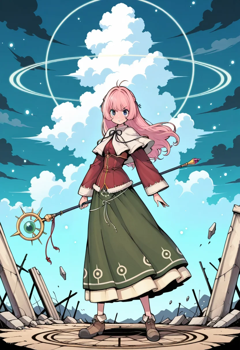 masterpiece, best quality, anime style, flat color, cel shading, solid colors, minimal shading, illustration, 2d style, simple background, thick lines, high contrast,
1girl, solo, ameli inotia 3, pink hair, looking at viewer, red shirt, fur trim, capelet, white capelet, long skirt, layered skit, green skirt, brown footwear, shoes,
standing, holding staff, spell circle, glowing particles, floating debris, ruins, storm clouds, wind, low angle, dramatic lighting, intense expression,
<lora:Character_Ameli-000015:0.85>