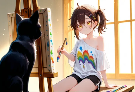 zPDXL2, cowboy shot, (from side:0.8), (navel focus:0.8), (depth of field:1.1), bokeh, highly detailed, masterpiece, best quality, amazing quality,
1girl and (black cat sitting:1.3), petite, brunette, medium side ponytail, hairclip, yellow eyes,
happy, sitting, painting \(action\), (holding paint brush:0.8),
round glasses, nude, loose t-shirt, one strap down, shorts, off shoulder,
art studio, easel, paint splatter, (light particles:1.3), (sunbeam:1.2), (blurry foreground:1.1), rainbow colors,
<lora:detailed_notrigger:1.3> <lora:illustriousXL_stabilizer_v1.23:0.6> <lora:Detailer_NoobAI_Incrs_v1:0.6> <lora:Rokudaime_Illu_Edition:1> <lora:NOOB_vp1_detailer_by_volnovik_v1:1>