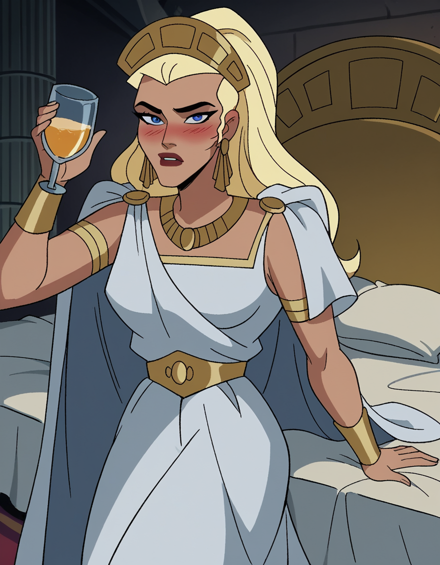 score_9, score_8_up, score_7_up, source_anime,
hippolyta, <lora:hippolyta-dcau-ponyxl-lora-nochekaiser:1>,
hippolyta, long hair, blue eyes, blonde hair, makeup, lipstick,
dress, jewelry, earrings, cape, white dress, necklace, crown, tiara,
indoors, bed, bed room, on side, blush, drunk,
cowboy shot, looking at viewer, solo, dutch angle,