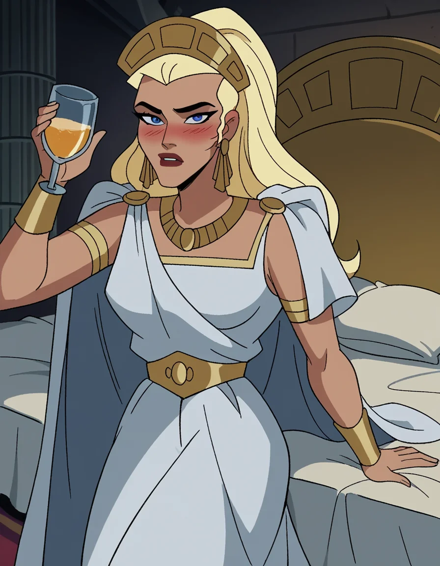 score_9, score_8_up, score_7_up, source_anime,
hippolyta, <lora:hippolyta-dcau-ponyxl-lora-nochekaiser:1>,
hippolyta, long hair, blue eyes, blonde hair, makeup, lipstick,
dress, jewelry, earrings, cape, white dress, necklace, crown, tiara,
indoors, bed, bed room, on side, blush, drunk,
cowboy shot, looking at viewer, solo, dutch angle,