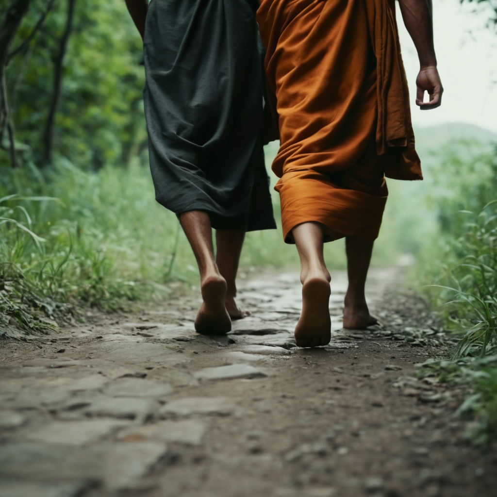 cinematic film still of  <lora:perfection style:0.1>
 <lora:detailed:0.1>
 <lora:Chiaroscuro Lighting Style:0.3>
 <lora:feet v2:0.3>
A perfect photo of a couple of monk people walking down a path,foot focus,cinematic feet,best feet,better Feet,awesome Feet,different Feet,1boy,male focus,outdoors,barefoot,water,blurry,depth of field,blurry background,dirty,photo background,dirty feet , perfect style, perfection style, detailed style, shallow depth of field, vignette, highly detailed, high budget, bokeh, cinemascope, moody, epic, gorgeous, film grain, grainy