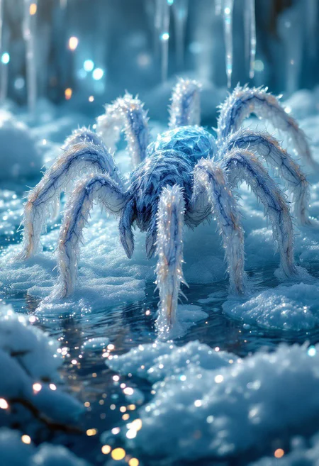 beautiful aesthetic, intricate, a tarantula made of ice, covered in icicles, walking on water, its steps freezes the water, magical aura, fantasy art, peaceful, high fantasy style, mysterious, celestial light, ethereal, painterly, epic, majestic, magical, fantasy art, cover art, sparkling ice, dramatic lighting