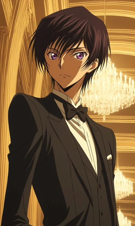 1boy, Lelouch Lamperouge from Code Geass, BREAK source_anime , best quality, wearing a black tuxedo with a bow tie, formal setting, elegant lighting, evening atmosphere, detailed background , <lora:tuxedo:0.6>
