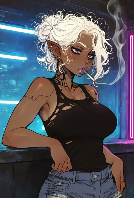 masterpiece, best quality, amazing quality, very aesthetic, absurdres, (tsuda nanafushi:0.6), cyberpunk,indoors,
1girl, solo, cute, (drow:1.1), elf, purple skin, (dark skin:1.2), white hair, messy hair bun, big lips, purple eyes, tanktop, highwaisted jeans, ear piercings, mature female, medium tits, smoking, mouth hold, cigarette, torn clothes,
<lora:INCASE_v2.0:0.5> , BSSINCASE, <lora:LDSCH:0.7> , LDSCH Style, aesthetic,