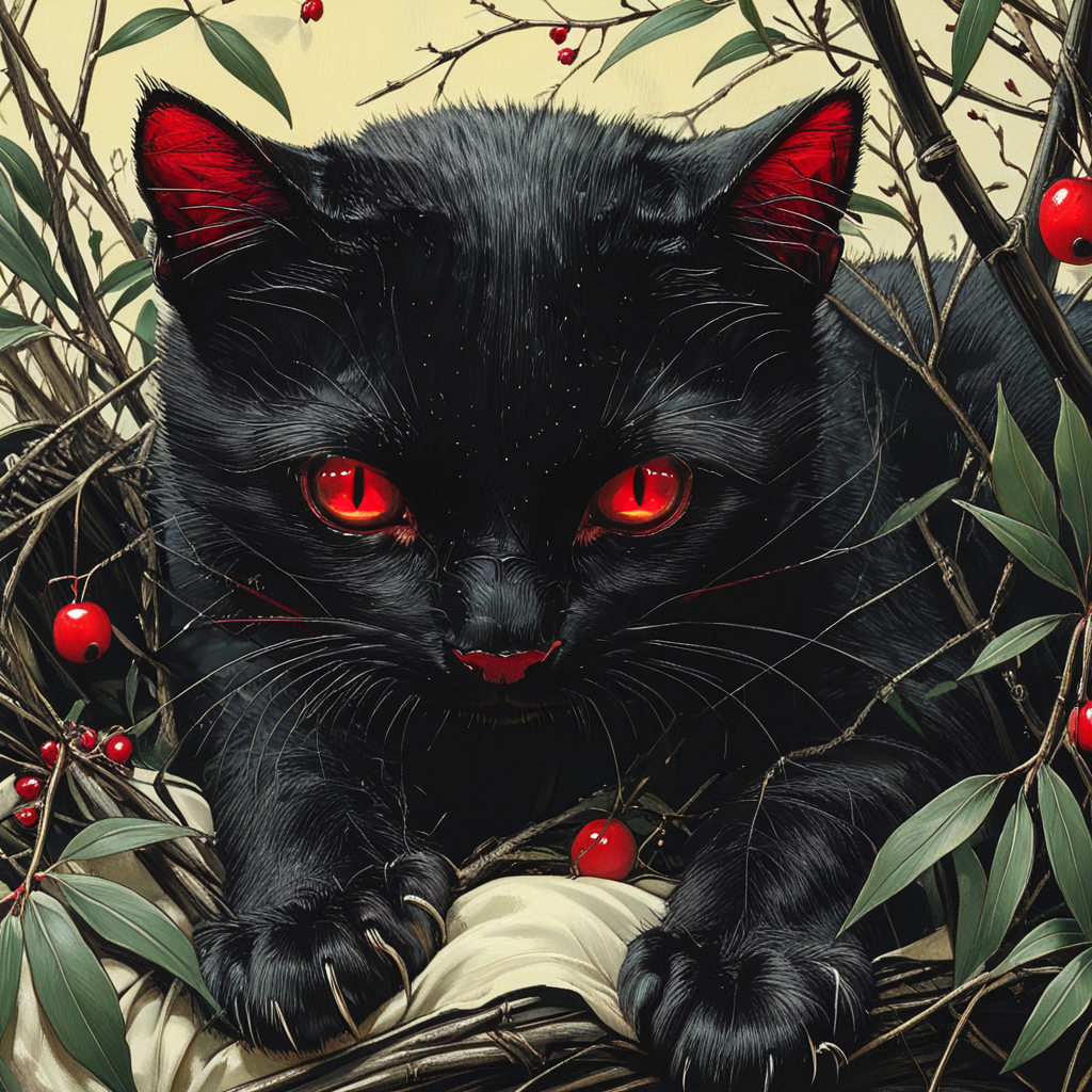 <lora:Hyperdetailed_IllustrationSDXL:1> ArsMJStyle, HyperDetailed Illustration, The image is a digital illustration of a black cat with red eyes. The cat is sitting in a bed of green leaves and branches with some red berries scattered around it. The background is a pale yellow color and the cat's fur is a deep black color. Its eyes are a piercing red color and its nose is a darker shade of red. Its mouth is slightly open as if it is looking directly at the viewer. The overall mood of the image is eerie and mysterious., cat, no humans, black cat, red eyes, whiskers, slit pupils, animal focus, looking at viewer, animal, branch