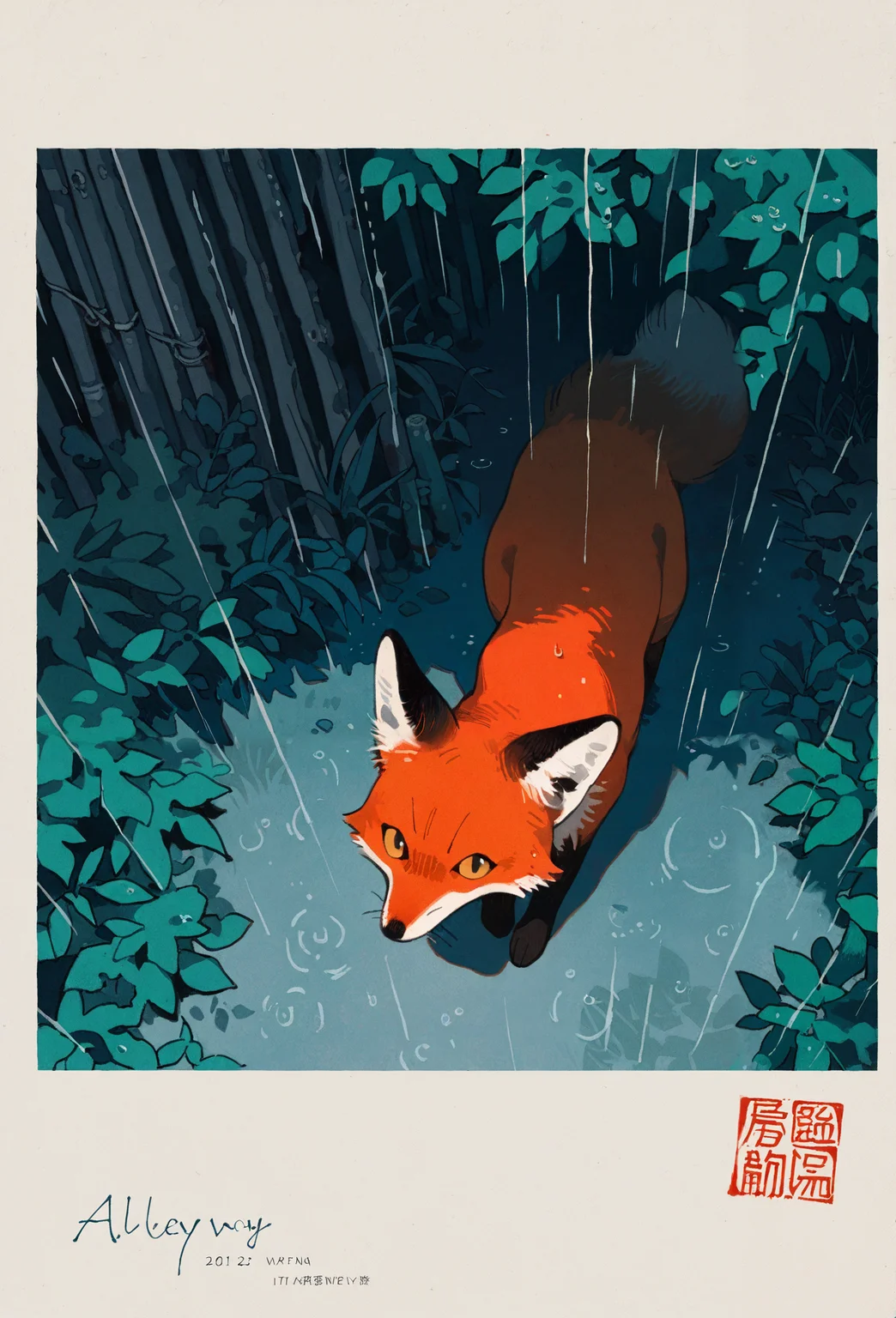 best quality, masterpiece, newest, absurd res, hi res, very awa, fox, honovy, studio ghibli, (juanmao1997:0.8), (tianliang duohe fangdongye:0.8),(akai sashimi:0.6), (mucknagabe:0.6), (reoen:0.4), realistic feral, slim, no sclera, solo, looking at viewer, curious, hiding in bushes, hiding behind object, shadow, partially obscured, looking up at viewer, high-angle view, long shot, corrugated metal, rust, (alleyway:1.2), (urban, village:1.1), cluttered, overgrown, vegetation, (rural:0.8), no humans, animal focus, japan, overcast, rain, mist, early morning, dim, ethereal, cinematic lighting, postcard, (lineart:0.6), watercolor, novel illustration, vintage,