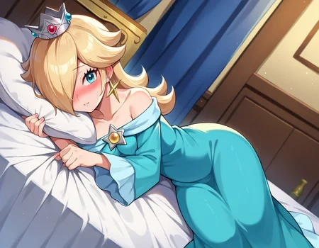 score_9, score_8_up, score_7_up, source_anime,
rosalina, <lora:princess-rosalina-ponyxl-lora-nochekaiser:1>,
rosalina, blonde hair, blue eyes, hair over one eye, long hair,
blue dress, crown, dress, earrings, jewelry, princess, robe, star earrings,
indoors, bed, bed room, on side, blush, drunk,
looking at viewer, dutch angle, cowboy shot,
