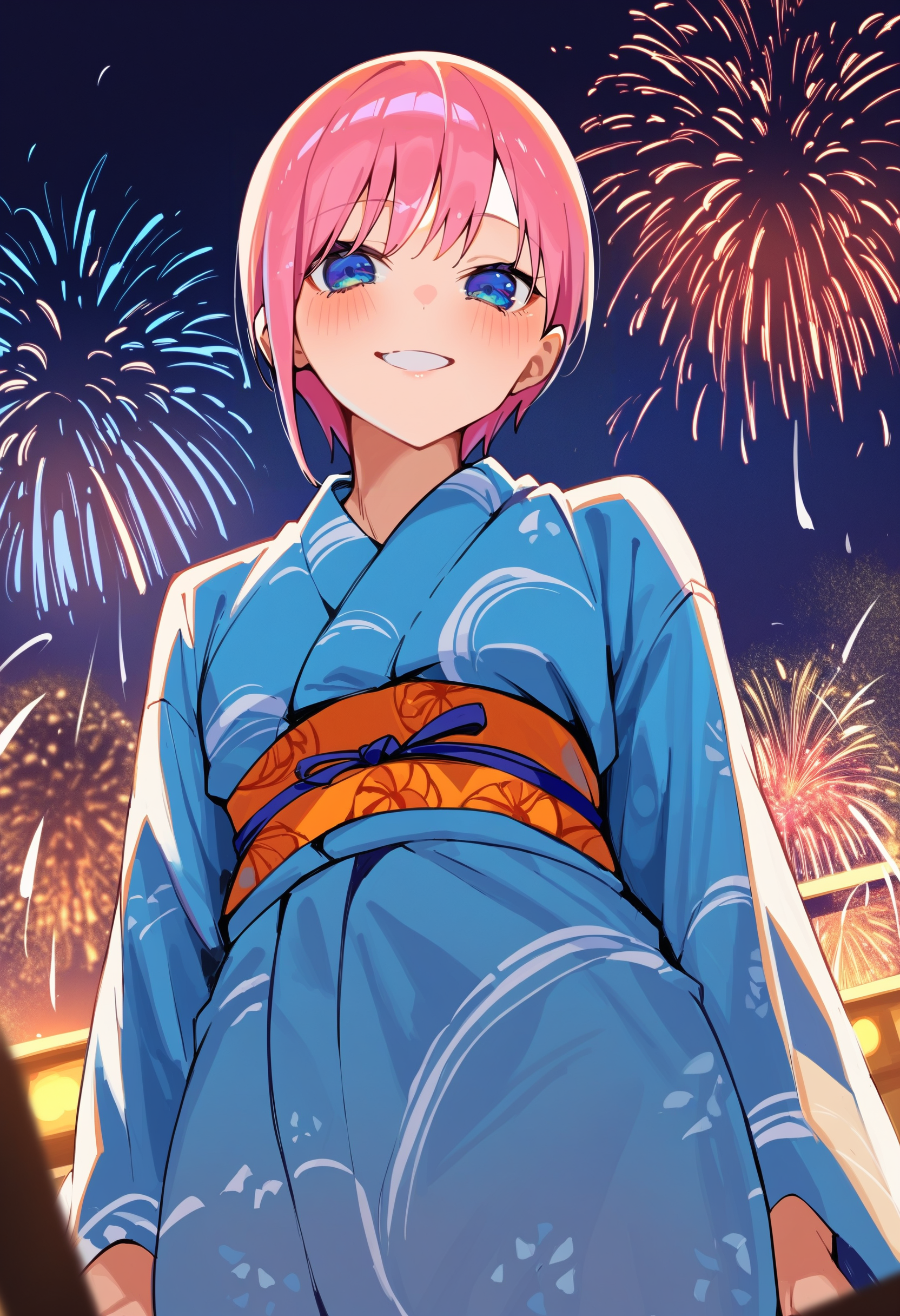 score_9, score_8_up, score_7_up, score_6_up, source anime,
akihcipnxl, nakano ichika, 1girl, looking at viewer, smile, pink hair, blue eyes, blue yukata, orange print, red obi ,
long sleeves, looking at viewer, blush, from below,
outdoors, night, fireworks,
masterpiece, best quality, very aesthetic, absurdres
<lora:quintessential_quintuplets:1>