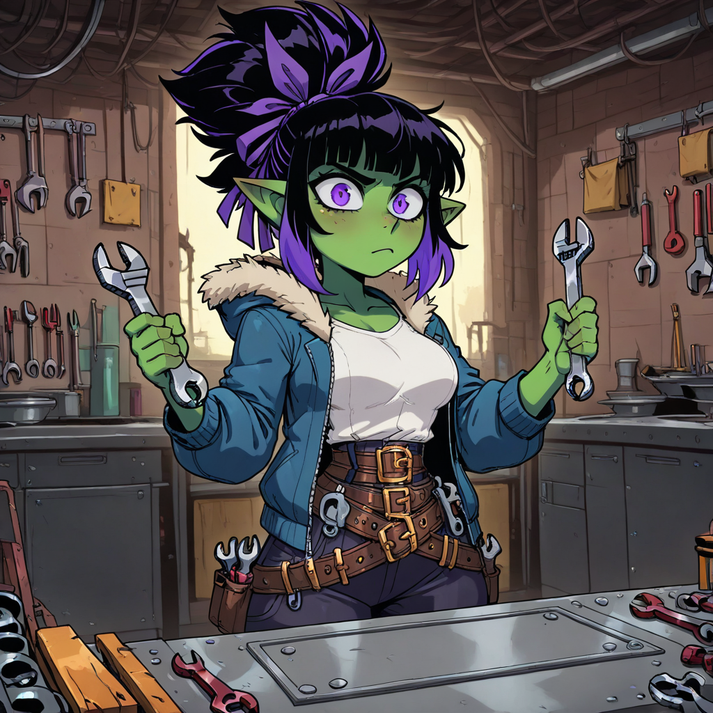 masterpiece, best quality, newest, absurdres, highres, ZANV1.0, 1girl, goblin, shortstack, hair ribbon, tied hair, green skin, green colored skin, two-tone hair, purple hair, black hair, purple eyes, purple ribbon, shirt, jacket, belt, multiple belts, medium breasts, blue jacket, fur-trimmed jacket, hooded jacket, pointy ears, holding wrench, rench, tools, workshop