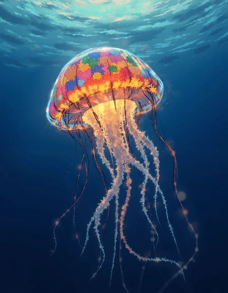 A poignant underwater scene, reminiscent of Hayao Miyazaki's dreamlike storytelling, featuring a colossal jellyfish made of vibrant, mismatched patchwork pieces, its translucent body glowing softly, as if illuminated from within, against a deep blue background with warm, golden light filtering down from above, evoking a sense of ethereal wonder, shot in a cinematic style with a shallow depth of field, emphasizing the intricate textures of the jellyfish's patchwork body, with a subtle film grain and muted color palette, imbuing the scene with a nostalgic, timeless quality. The painting is in the style of umesky. <lora:ume_sky_v2:1>