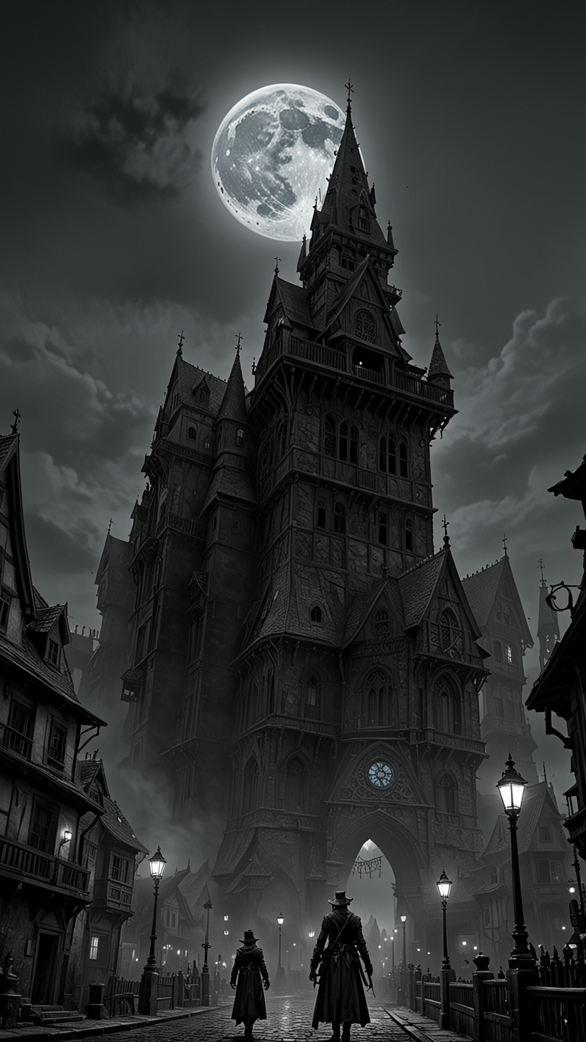 The city of yharnam, oil painting, Blue moon, realistic, extreme detail, scary, terrifying, dark and warm environment, From Below, 8k, Epic, (Use Dream Diffusion Secret Prompt),  <lora:Black__White_One_Accent_Color_-_By_Dice:1>, (Black and white image, Blue Accent), UHD