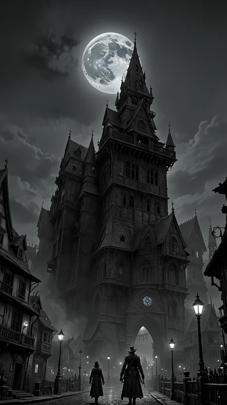The city of yharnam, oil painting, Blue moon, realistic, extreme detail, scary, terrifying, dark and warm environment, From Below, 8k, Epic, (Use Dream Diffusion Secret Prompt), <lora:Black__White_One_Accent_Color_-_By_Dice:1>, (Black and white image, Blue Accent), UHD