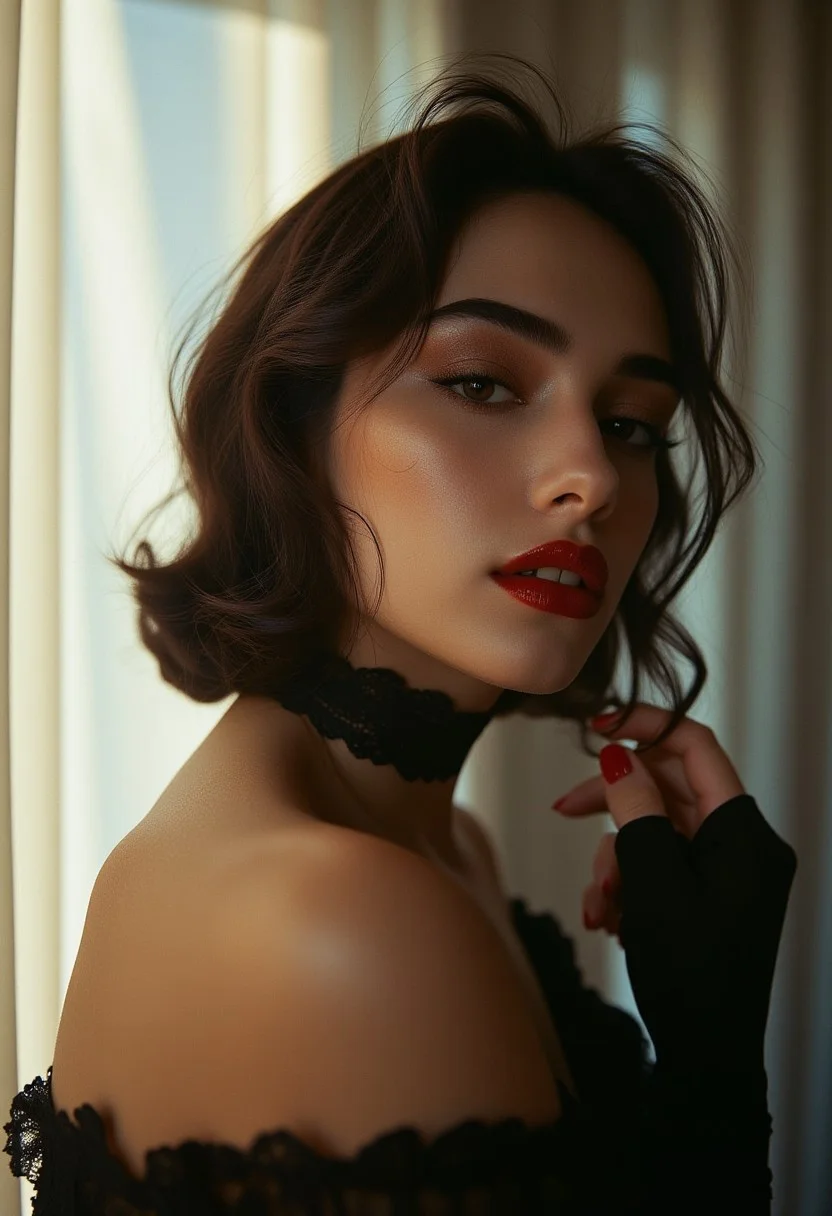 Analog photography, a porcelain-skined seductive model with french bob haircut, styled in loose waves, stands against a stark, she posing against high-contrast white heavy curtains backdrop. Her dark hair frames her beautiful face, accentuated by bold, dramatic makeup and a black lace choker. Glossy deep red lipstick on her full lips, and her eyes with heavy eyeliner. She gazes directly at the camera with an unflinching, serious expression, echoing the dramatic style film. The scene is bathed in soft, diffused side lighting, creating a moody, introspective atmosphere, with deep shadows accentuating her sharp features. A high-contrast aesthetic, characteristic of Film Noir, with deep blacks and bright whites, adds to the dramatic tension. Grainy 35mm film texture and subtle sepia toning inspire by nostalgia of a bygone era. aidmaMJ6.1, aesthetic