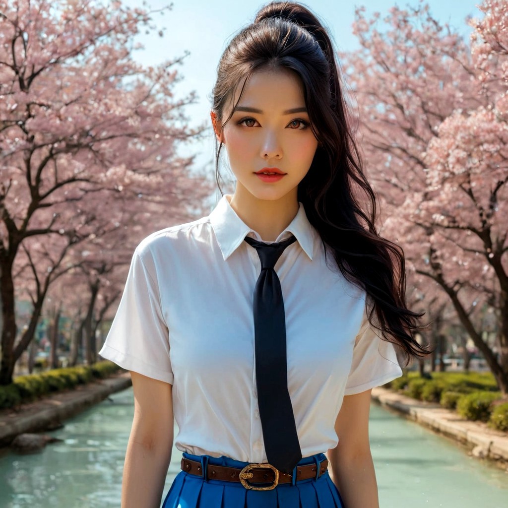 a stunning real medium breasts Korean woman with long, flowing dark hair, her piercing gaze directly addressing the viewer. score_9, score_8_up, score_7_up, 4k, high quality, (best quality:1.1), realistic, photorealistic, close-up, upper body, (ultra HD quality details), High Fashion, A highly detailed, realistic digital photo of a Korean woman 28yo with a pale complexion, emphasizing her enigmatic and mystical aura,, high resolution, rich textures, and contemplative mood. Her eyes are a deep piercing and  brown, dynamic, dramatic, haute couture, elegant, ornate clothing, dark straight hair with a few loose strands framing her face, against a cyan gradient background, Realistic photograph, Movie light, film grain, necktie, skirt, ponytail, school uniform, shirt, looking at viewer, outdoors, white shirt, blue skirt, tree, cosplay, belt,