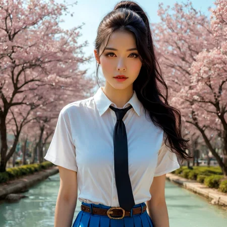 a stunning real medium breasts Korean woman with long, flowing dark hair, her piercing gaze directly addressing the viewer. score_9, score_8_up, score_7_up, 4k, high quality, (best quality:1.1), realistic, photorealistic, close-up, upper body, (ultra HD quality details), High Fashion, A highly detailed, realistic digital photo of a Korean woman 28yo with a pale complexion, emphasizing her enigmatic and mystical aura,, high resolution, rich textures, and contemplative mood. Her eyes are a deep piercing and brown, dynamic, dramatic, haute couture, elegant, ornate clothing, dark straight hair with a few loose strands framing her face, against a cyan gradient background, Realistic photograph, Movie light, film grain, necktie, skirt, ponytail, school uniform, shirt, looking at viewer, outdoors, white shirt, blue skirt, tree, cosplay, belt,