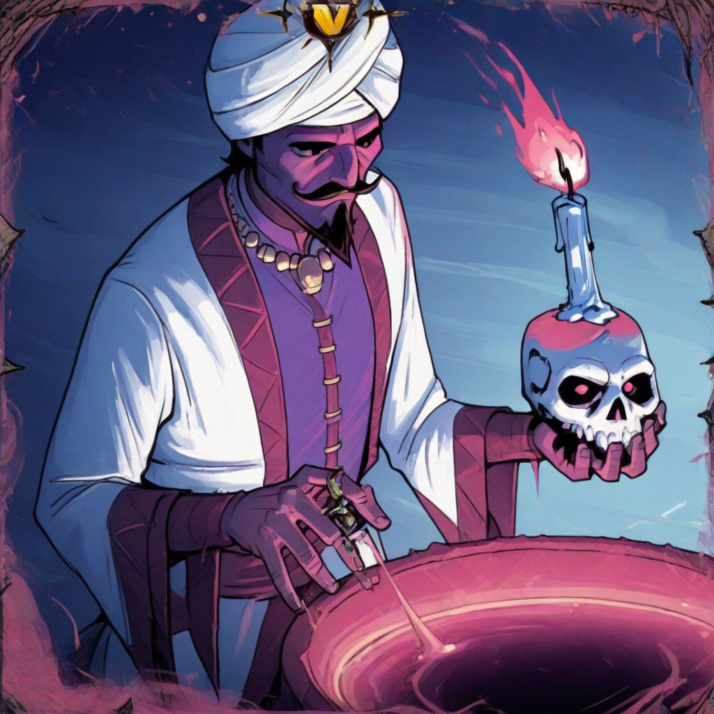masterpiece, best quality, newest, absurdres, highres, anime, anime style, 1boy, DDOCC-V1.1, turban, headgear, facial hair, mustache, short hair, beard, arabian, arabian male, holding, candle, skull,