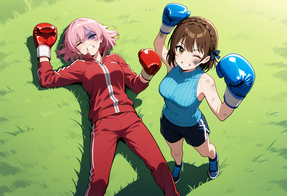 boxing gloves, bruised eye, one eye closed, clenched teeth,  <lora:girlsboxingdownloraillustrious-000060:0.3>, gbdown, full body, cowboy shot, from above, cowboy shot, masterpiece, best quality, 2girls, outdoors, grass, BREAK
lying, on back, lying on back, red boxing gloves, pink hair, crown braid, track jacket, track pants, BREAK
(bruised eye, dirty face:1.1), one eye closed, arms up, raised fist, smile, happy, standing, looking at viewer, blue boxing gloves, brown hair, crown braid, ribbed sweater, shorts, shoes,