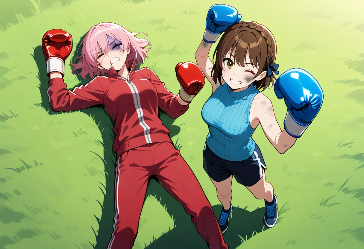 boxing gloves, bruised eye, one eye closed, clenched teeth, <lora:girlsboxingdownloraillustrious-000060:0.3>, gbdown, full body, cowboy shot, from above, cowboy shot, masterpiece, best quality, 2girls, outdoors, grass, BREAK
lying, on back, lying on back, red boxing gloves, pink hair, crown braid, track jacket, track pants, BREAK
(bruised eye, dirty face:1.1), one eye closed, arms up, raised fist, smile, happy, standing, looking at viewer, blue boxing gloves, brown hair, crown braid, ribbed sweater, shorts, shoes,