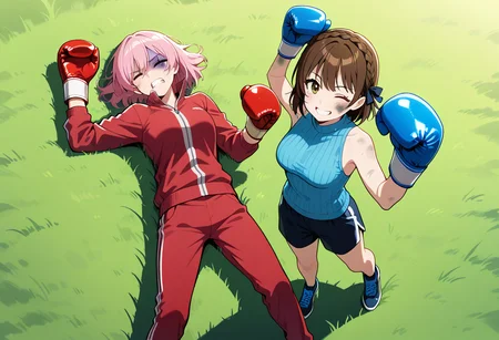 boxing gloves, bruised eye, one eye closed, clenched teeth, <lora:girlsboxingdownloraillustrious-000060:0.3>, gbdown, full body, cowboy shot, from above, cowboy shot, masterpiece, best quality, 2girls, outdoors, grass, BREAK
lying, on back, lying on back, red boxing gloves, pink hair, crown braid, track jacket, track pants, BREAK
(bruised eye, dirty face:1.1), one eye closed, arms up, raised fist, smile, happy, standing, looking at viewer, blue boxing gloves, brown hair, crown braid, ribbed sweater, shorts, shoes,