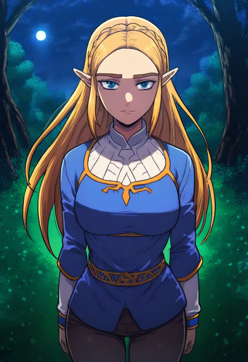 masterpiece, uhd, high quality, perfect eyes, perfect face, 1girl, narrow shoulders, looking at viewer, princess zelda, the_legend_of_zelda_(series), close neckline, cowboy shot, three-quarter-view
Outdoors, forest, nocturnal , moonlight, night, (gravity-affected folds:1.1)