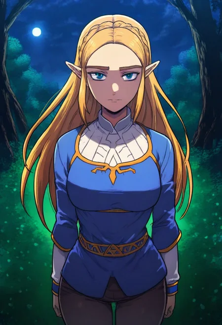 masterpiece, uhd, high quality, perfect eyes, perfect face, 1girl, narrow shoulders, looking at viewer, princess zelda, the_legend_of_zelda_(series), close neckline, cowboy shot, three-quarter-view
Outdoors, forest, nocturnal , moonlight, night, (gravity-affected folds:1.1)