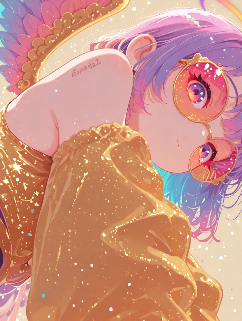 masterpiece, best quality, good quality, newest, highres, absurdres, very awa, vivid colors, flat color, 2D, strong lines, Pop Art, depth of field, focused subject, close up, stylized, in gold and neon shades, wabi sabi, 1girl, rainbow angel wings, looking at viewer, dynamic angle, from below, from side, relaxing, no lineart,no outline, <lora:t4kar4i_shunsuk3:0.5> <lora:sowasowart_style:0.7> <lora:ponyv6_noobE11_2_adamW:0.7> <lora:pikaole:0.7> <lora:illustrious_flat_color_v2:0.4> <lora:illustrious_very_aesthetic_v1:1> <lora:illustriousXL_stabilizer_v1.23:1> <lora:kanikumitoi:0.3> <lora:XXX477:0.3>