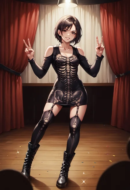 score_9, score_8_up, score_7_up, source_anime, 1girl, solo, looking at viewer, adasweater, black hair, short hair, skeleton dress, black dress, long sleeves, shoulder cutout, skin tight, stage, concert, (sparkle), glint, confetti, (peace sign), hand up, full body, black eyes, black thighhighs, collarbone, boots, garter straps, stage lights, spotlight, stage curtains, curtains, smile, parted lips, v-shaped eyebrows, smirk