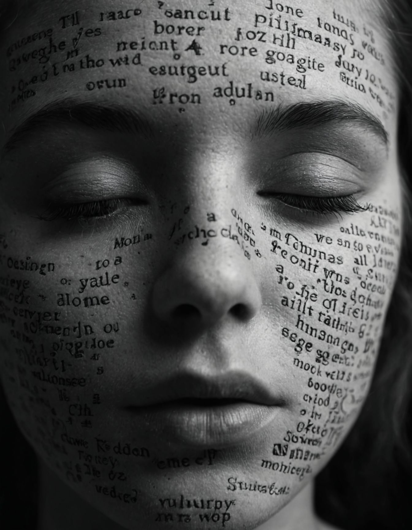 portrait, masterpiece, 4k, ray tracing, intricate details, highly-detailed, hyper-realistic, 8k RAW Editorial Photo.
A digital artwork with a (((face with thousands of nonsense words representing a coded message))), all in black and white. The words are packed tightly together, creating a textured, almost three-dimensional look. The face is tilted slightly to the right, with the eyes shut and lips slightly parted. The background is pitch black, making the words pop. The whole thing screams cultural pride and the country's energy. 
cinematic light, dramatic light, shallow depth of field,  high budget, bokeh, cinemascope, film grain,
