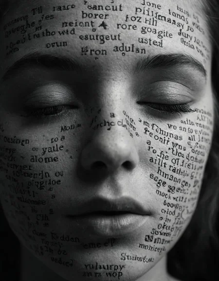 portrait, masterpiece, 4k, ray tracing, intricate details, highly-detailed, hyper-realistic, 8k RAW Editorial Photo.
A digital artwork with a (((face with thousands of nonsense words representing a coded message))), all in black and white. The words are packed tightly together, creating a textured, almost three-dimensional look. The face is tilted slightly to the right, with the eyes shut and lips slightly parted. The background is pitch black, making the words pop. The whole thing screams cultural pride and the country's energy. 
cinematic light, dramatic light, shallow depth of field,  high budget, bokeh, cinemascope, film grain,