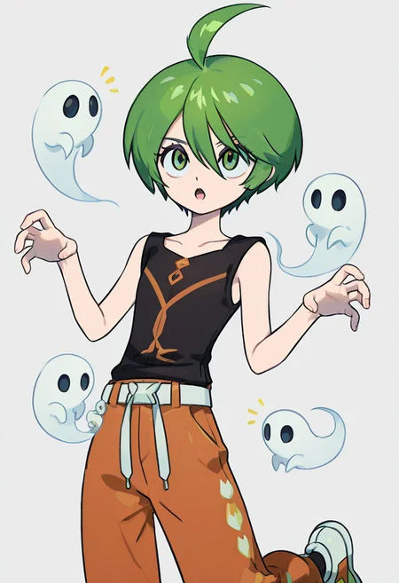 aaron, green eyes, green hair, ahoge, black sleeveless shirt, orange pants, white with orange shoes, belt<lora:EMS-380018-EMS:1.000000><lora:ghost-pose-ponyxl-lora-nochekaiser:1>, ghost pose, ghost,open mouth, looking up,cowboy shot
