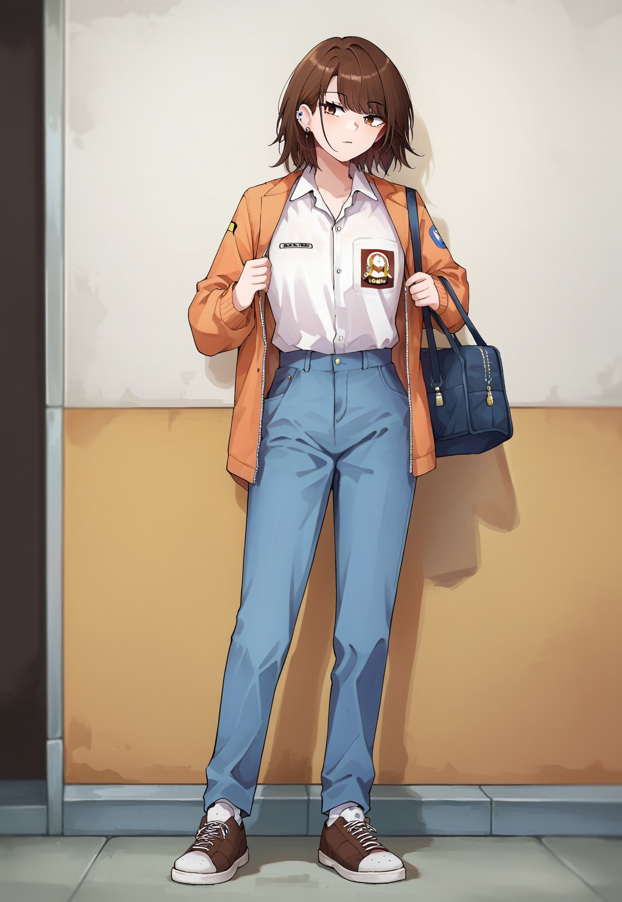 score_9, score_8, score_7, source_anime, ihsu, piercing, medium hair, long sleeves, shoes, brown hair, ear piercing, open clothes, bag, full body, brown eyes